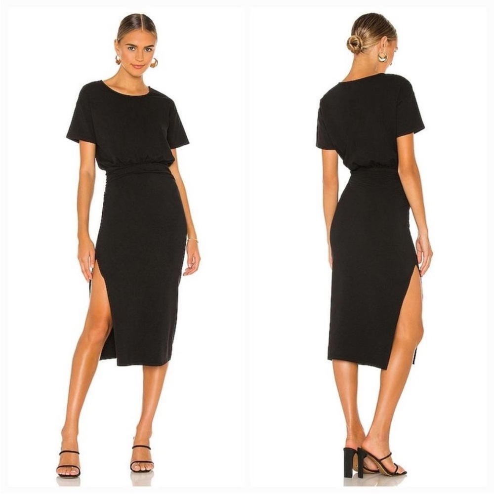 Lovers + Friends easy ruched midi dress in black, size XS